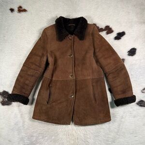 Vintage Made in Canada Real Shearling Coat – Brown Suede Button Up Jacket | SM-M